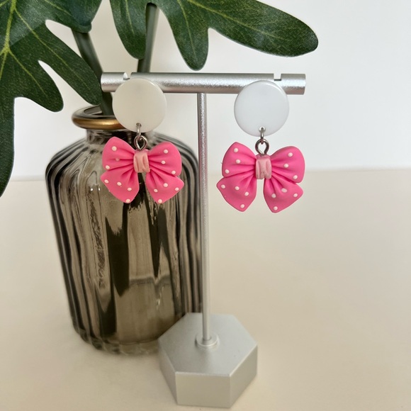 Cute Lolita Pink & Purple Bow Dangle Earrings Set - Polka-dot Bow Earrings - Picture 12 of 17